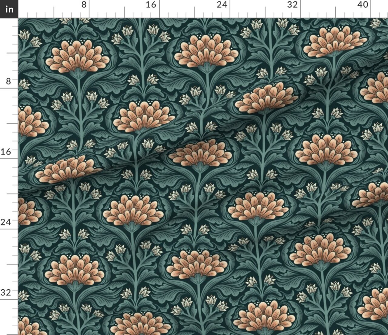 Peach Floral Blue Botanical Cream Flowers Art Deco Traditional Damask Custom Printed Fabric by Spoonflower Various Fabrics by the Yard or Fat Quarter